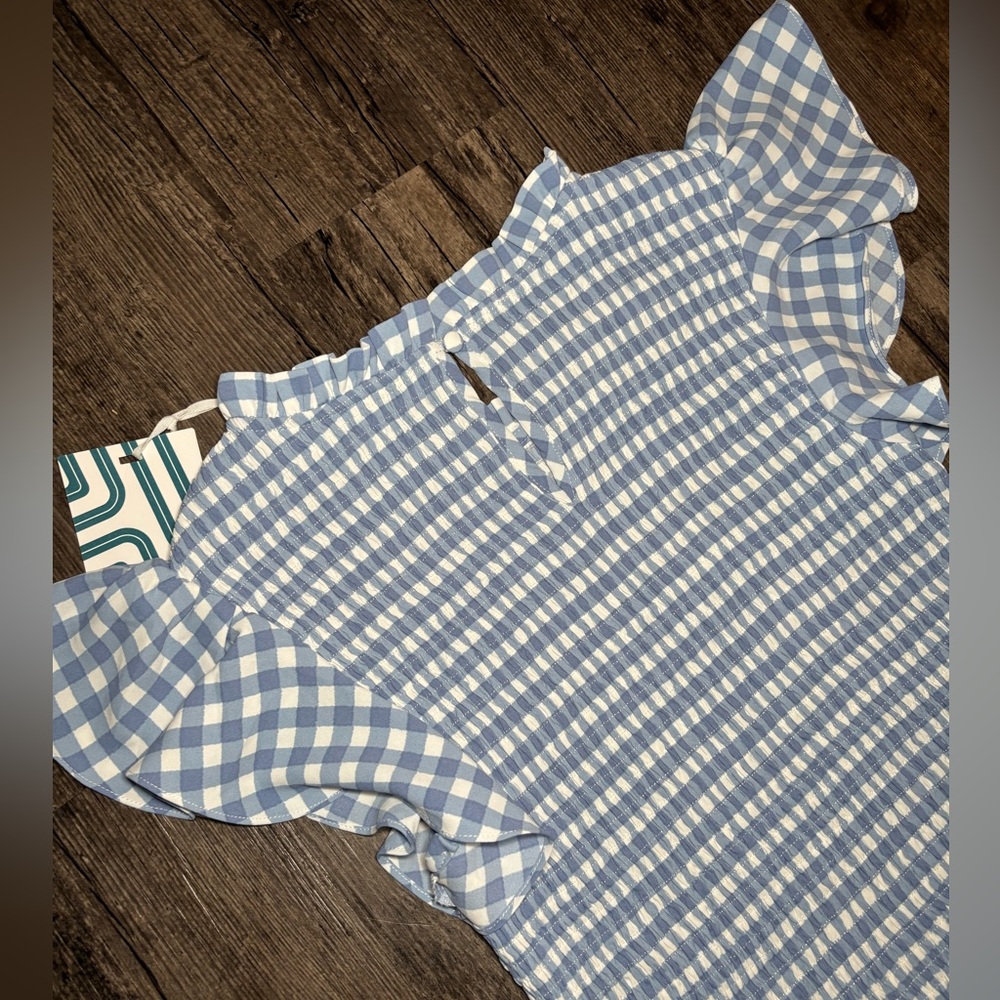 NWT Market & Spruce Light Blue & White Gingham Short Sleeve Smocked Blouse Small - Picture 10 of 12